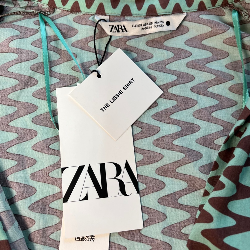 Zara Green Lizzie Shirt Dress Womens XS Long Sleeve Tie Front Midi Mod Retro - Picture 12 of 12